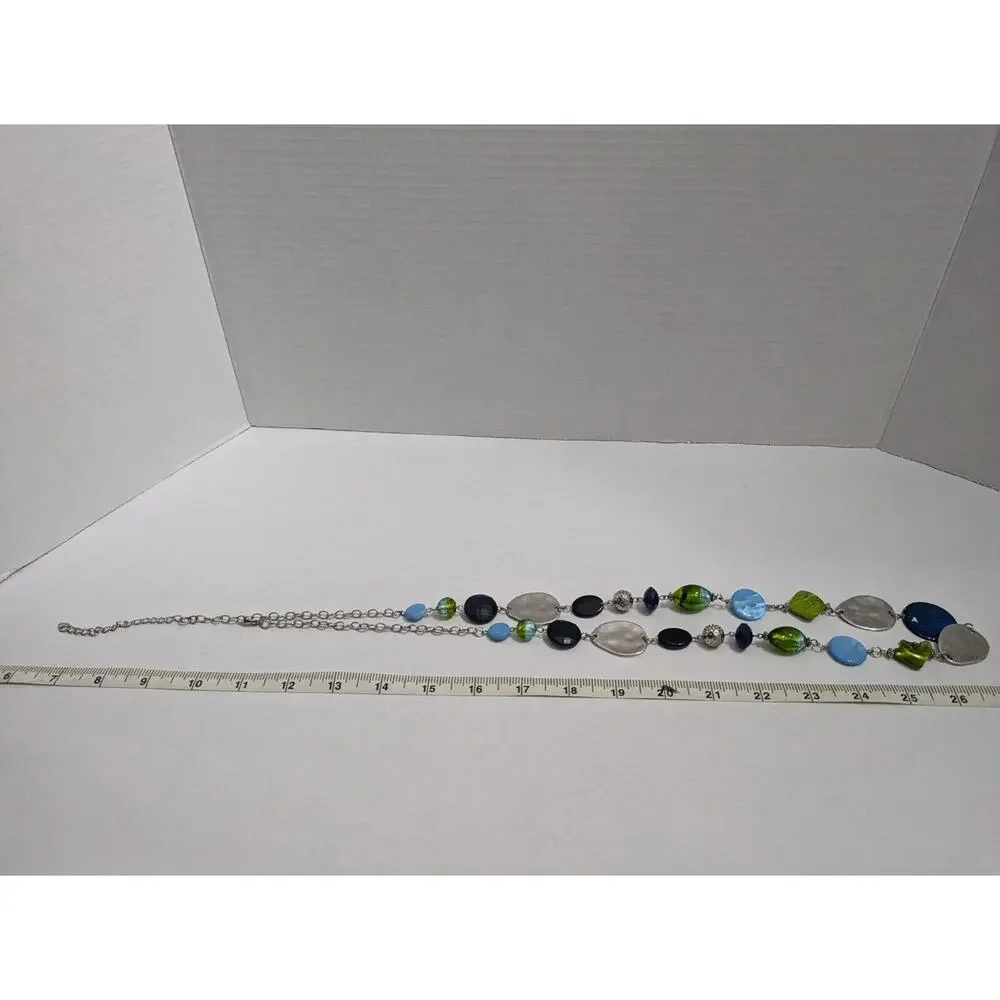 Beaded Necklace flat Oval Disk Boho Ethnic Gemstone‎ Rock Silver Chain VTG Style